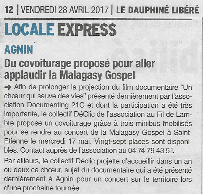 Article du Dauphiné, 28 avril 2017
